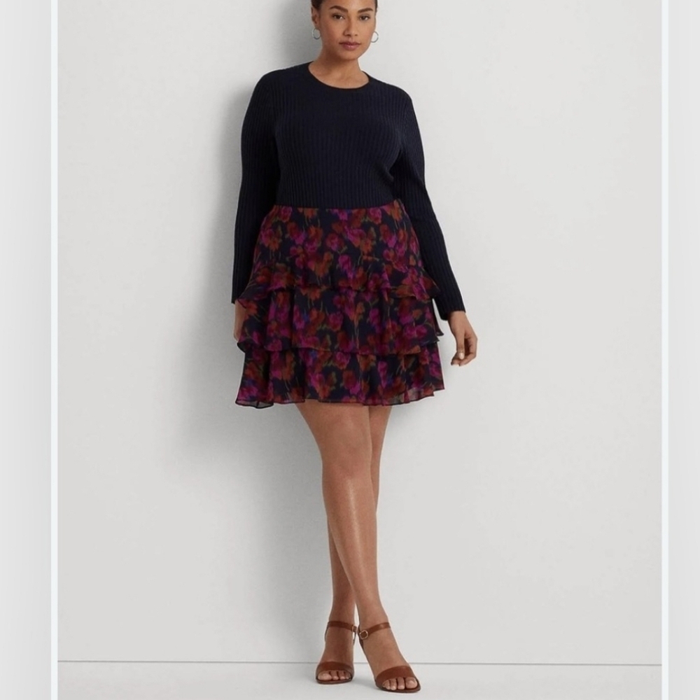 Lauren Ralph Lauren Plus Size Floral Crinkle Georgette Tiered Skirt NWT